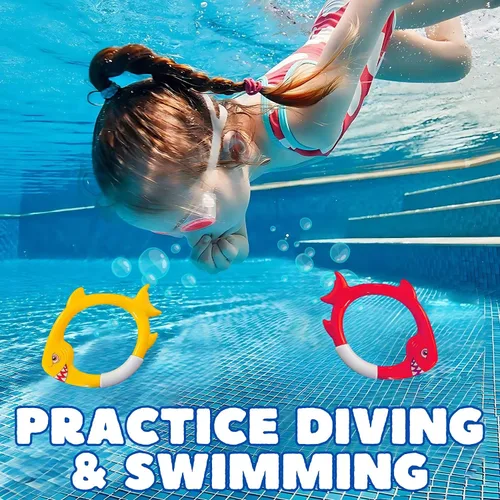 Vista 2 de Haktoys Anillos de buceo de tiburón, juguetes de buceo para niños, juguetes de entrenamiento de natación para niños y niñas, juegos de piscina