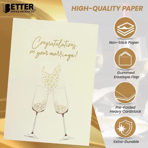 Vista 6 de Better Office Products Tarjeta de felicitación de boda con lámina dorada y plateada metálica, sobre brillante dorado, tamaño clásico de 5 x 7