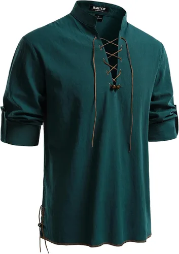 Vista 40 de JEMITOP Men's Pure Cotton Renaissance Lace Up Shirt Verde militar