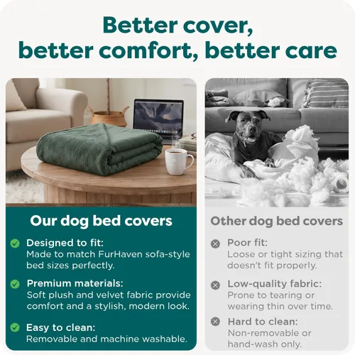 Vista 7 de Furhaven Funda de repuesto para cama de perro, estilo sofá, de pelo sintético y terciopelo, color salvia oscura, talla M