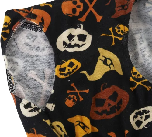 Vista 4 de Disfraz de calabaza para perros pequeños, diseño de calavera naranja y negro, para Halloween, talla S