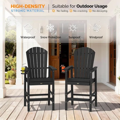 Vista 7 de VINGLI Silla Adirondack alta, silla Adirondack de plástico para todo tipo de clima con portavasos, taburetes de bar resistentes para exteriores