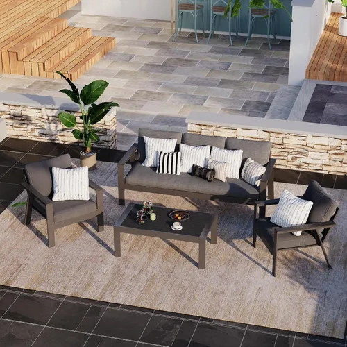 Vista 8 de Solaste Juego de muebles de aluminio para patio, sofá moderno de 4 piezas para exteriores con cojines resistentes al agua, juego de conversación