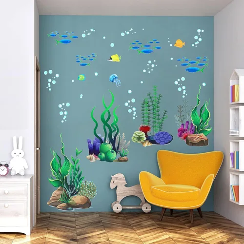 Vista 5 de Zonon Calcomanías de pared bajo el mar, arrecife de coral y algas marinas, calcomanías de pared de océano, calcomanías de decoración submarina