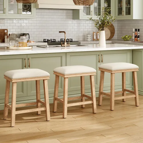 Vista 18 de MAISON ARTS Juego de 4 taburetes de bar grises para encimera de cocina, patas de madera maciza con asiento de silla de montar de piel sintética