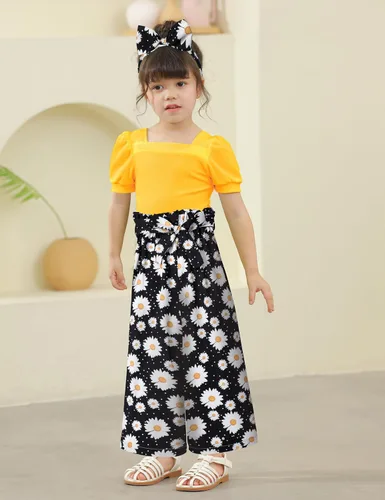 Vista 15 de DONWEN Conjunto de 3 piezas de ropa para niñas pequeñas y niñas con cuello cuadrado + pantalones elegantes + diadema para primavera y verano