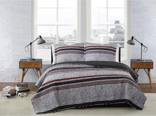 Vista 5 de London Fog Warren - Juego de edredón de 3 piezas de poliéster gris y negro, a rayas, 100% poliéster, para hombres y mujeres, certificado Oeko-TEX