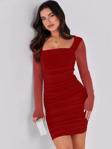 Vista 7 de ANRABESS Vestido corto de malla con cuello cuadrado y manga larga para mujer, sexy, fruncido, entallado, para fiesta, club, cóctel, vestido corto