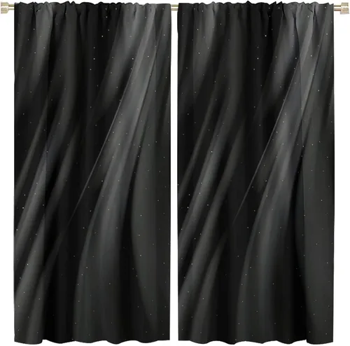 Vista 106 de Cortinas Negras con Dobladillo Dorado, Cortinas Opacas con Bolsillo para Barra con Estampado de Rayas de Foil en Onda Dorada para Decoración de Negro