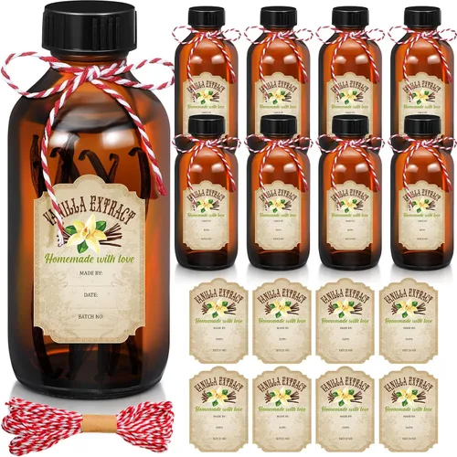 Vista 7 de Uiifan 8 Botellas de Extracto de Vainilla Boston Redondas con Tapas, Botella de Vidrio y 8 Etiquetas Adhesivas de Extracto de Vainilla para Jarabe