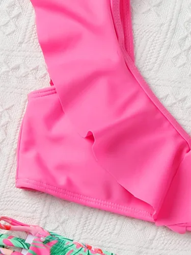 Vista 3 de Romwe Traje de baño de 2 piezas para niña, con estampado floral, cuello en V, con volantes