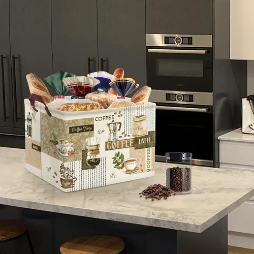 Vista 4 de Clastyle Cesta de almacenamiento grande con temática de café, taza de granos de café, aperitivos, cocina, cesta rectangular marrón para ropa, libro