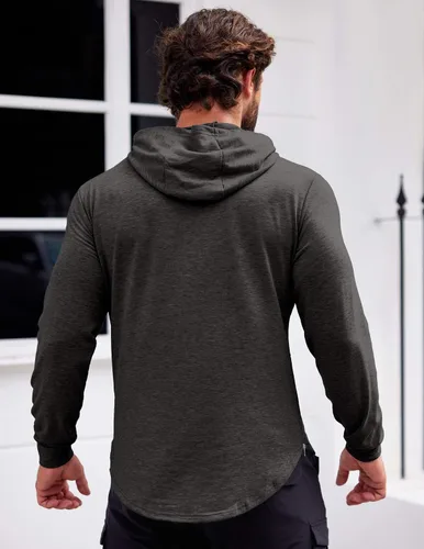 Vista 3 de COOFANDY Sudadera con capucha de entrenamiento de moda para hombre, ajuste muscular, mezcla de algodón, sudaderas de gimnasio de color sólido