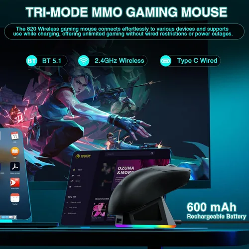 Vista 4 de SOLAKAKA SM820 - Mouse inalámbrico para juegos con base de carga RGB, mouse inalámbrico de tres modos de 24000 DPI con 2 botones laterales, mouse