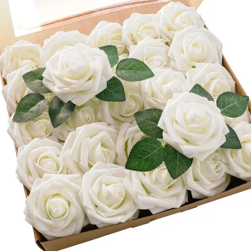 Vista 45 de Floroom Flores artificiales, 25 piezas de rosas falsas de espuma dorada antigua de aspecto real con tallos para ramos de boda DIY, centros de mesa