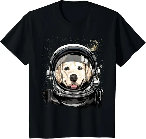 Vista 77 de Camiseta para amantes de los perros de los astronautas del espacio exterior Golden Retriever Lover, Negro