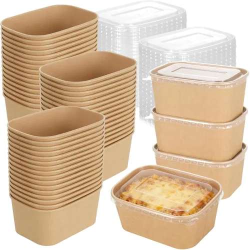 Vista 10 de Paquete de 50 cuencos desechables de papel kraft de 17 onzas con tapas, recipientes rectangulares de preparación de comidas a granel, ensaladera