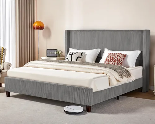 Vista 11 de VanAcc - Base de cama tapizada de pana tamaño Queen con cabecera de ala Crema