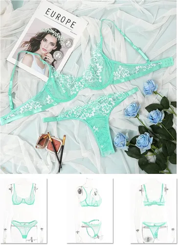 Vista 4 de KaeiShi Conjuntos de brasier sexy y bragas conjunto de lencería bordada de dos piezas con aros