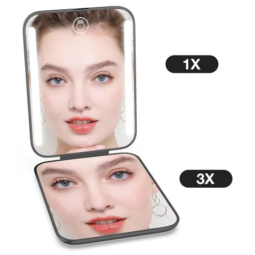 Vista 4 de Kintion Espejo de bolsillo recargable, espejo de tocador compacto de doble cara con aumento 1X/3X, 3 luces de color, regulable, pequeño espejo