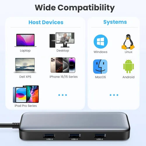 Vista 4 de Hub USB C, Adaptador Multipuerto USB C 8 en 1 con HDMI 4K, 100W PD, 3 Puertos de Datos USB-A, Hub USB Tipo C de Aleación de Aluminio para MacBook