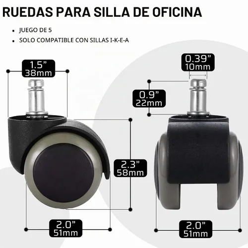 Vista 2 de FOH Juego de 5 ruedas para silla de oficina de 2 pulgadas, vástago de 0.394 in, banda de rodadura de PU