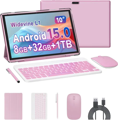 Vista 10 de Tablet de 10 pulgadas 2 en 1 Android 15 tabletas con teclado, tabletas de 10 pulgadas incluyen mouse teclado Stylus Case, 6000mAh 8GB RAM 32GB ROM