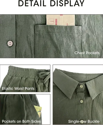 Vista 5 de BQDCQB Women 2 Piece Outfits Summer Casual Cotton Button Down Short Sleeve Shirt and Drawstring Short with Pocket
