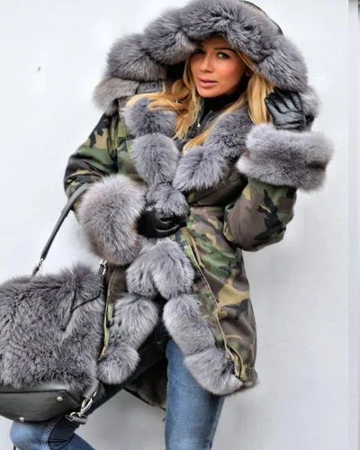 Vista 4 de Roiii Women Thicken Warm Winter Coat Hood Down Parka Faux Fur Outdoor Overcoat Long Jacket Outwear