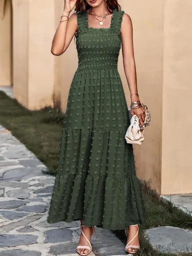 Vista 7 de MASCOMODA Vestido largo bohemio sin mangas fruncido para mujer, con tirantes de hombro sólidos, lunares suizos, acampanado, para fiesta, escalonado