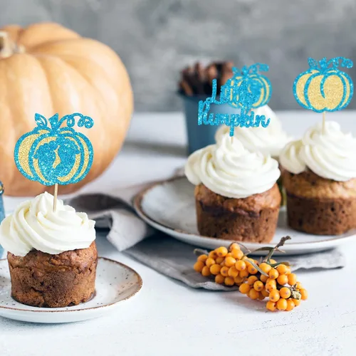 Vista 5 de Gyufise 24 piezas de decoración de cupcakes de calabaza con purpurina para temática de otoño, Acción de Gracias, Halloween, baby shower, niños