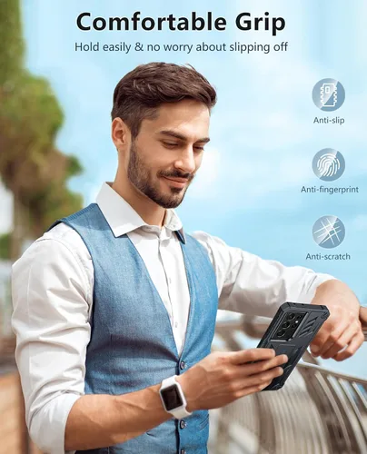 Vista 7 de FNTCASE Funda para Samsung Galaxy S21-Ultra: Funda protectora militar a prueba de golpes con funda de clip para cinturón y soporte, a prueba de Negro
