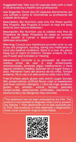 Vista 4 de Bio Nutrition Bee Propolis, cápsulas de suplemento de apoyo inmunológico de defensa natural, 1000 mg, 60