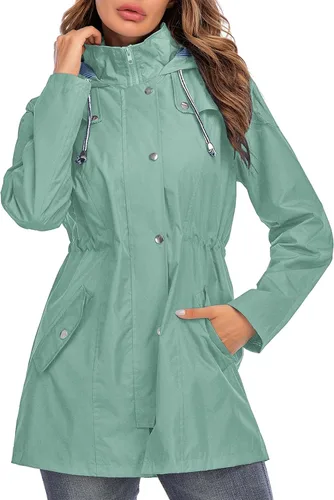 Vista 9 de Kikibell Chaqueta de lluvia para mujer con capucha, con forro a rayas, ligera, impermeable para exteriores, cortavientos Verde militar