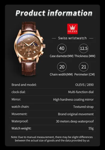 Vista 6 de OLEVS Relojes de hombre de cuero marrón con fecha, relojes casuales para hombre, relojes de cara grande para hombre, cronógrafo para hombre, reloj