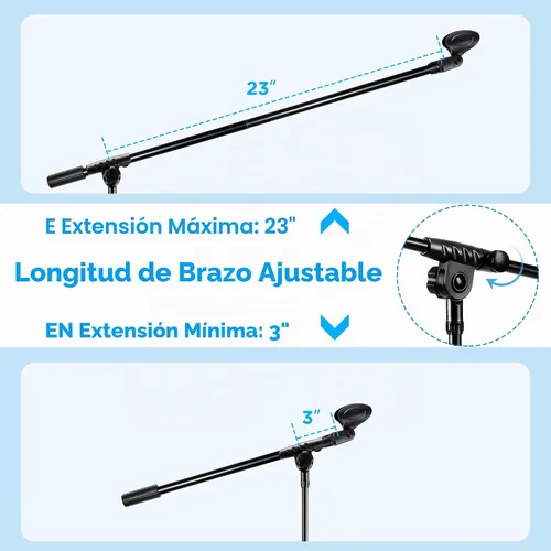 Vista 7 de Paquete de 2 soportes para micrófono, soporte de micrófono trípode Bietrun con altura de boom ajustable, con bolsa de transporte y clips