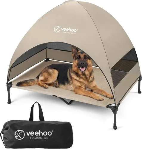 Vista 10 de Veehoo Cama para perros al aire libre con toldo, cama elevada de enfriamiento para perros con sombra extraíble, pies antideslizantes, cama elevada