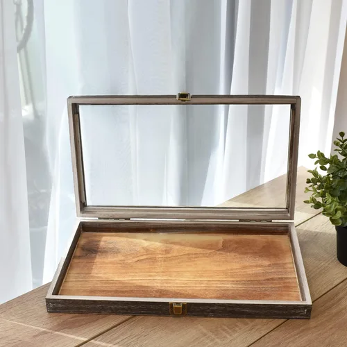 Vista 6 de MOOCA Caja de almacenamiento de 2 piezas de vidrio templado de madera con cierre de metal, bandeja de joyería de madera para coleccionables, vitrina