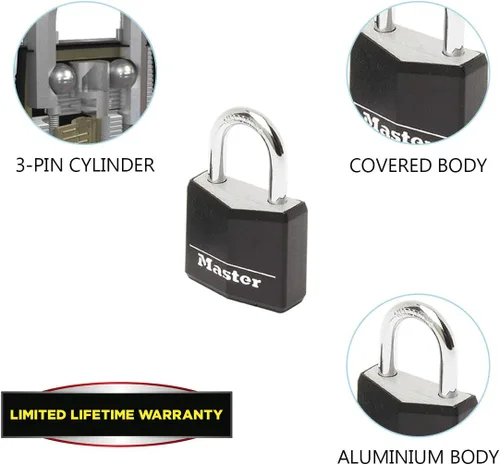 Vista 4 de Master Lock Candado, cerradura de cuerpo de aluminio sólido, Negro -, Cerradura de equipaje