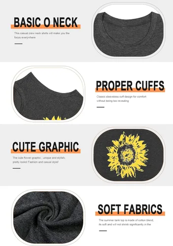 Vista 5 de JINTING - Camisetas sin mangas con estampado de girasoles para mujer de verano, camisetas sin mangas, con estampado y estilo bohemio Gris