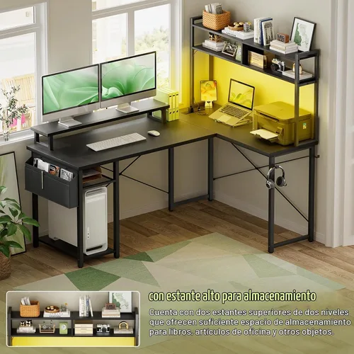 Vista 5 de Besiost Escritorio pequeño en forma de L para juegos con tomas de corriente, escritorio reversible en forma de L de 48" con LED para computadora