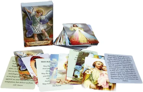 Vista 2 de Paquete de 54 Tarjetas Sagradas Variadas con Santos Católicos y Oraciones