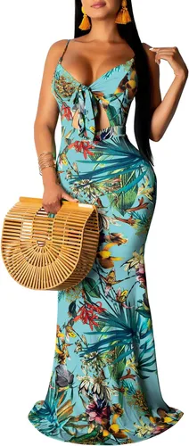 Vista 11 de Women's Summer Floral Spaghetti Strap Long Maxi Dresses Low-Cut Bohemian Beach Sundress Negro
