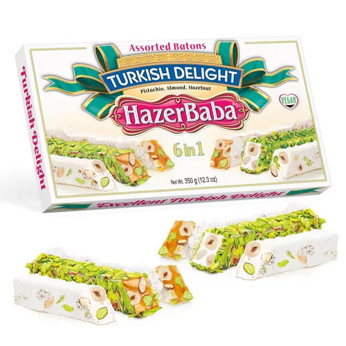 Vista 15 de Hazer Baba Delicias Turcas, Caja de bocadillos gourmet con nueces mixtas y sabor a vainilla, bocadillo tradicional vegano, Lokum turco, dulces