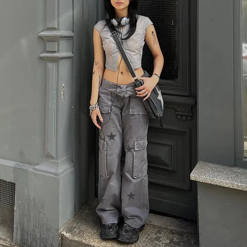 Vista 2 de Pantalones góticos para mujer, tendencia callejera, holgados, rectos, con múltiples bolsillos, cintura baja, casuales, de mezclilla lavada, todos
