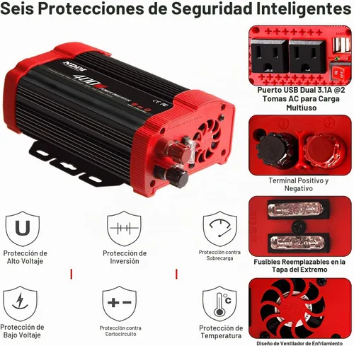 Vista 5 de Inversor de corriente NDDI POWER 400W, adecuado para teléfonos móviles, computadoras portátiles, etc. DC 12V to 110V AC Car Plug Adapter Socket, 2