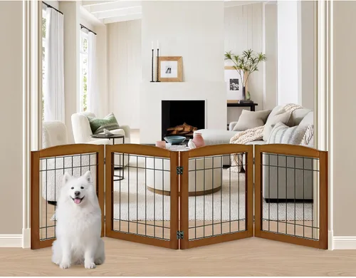 Vista 30 de LZRS Puerta plegable independiente de madera para perros de 2 paneles, madera maciza y alambre de acero, barrera para mascotas resistente a