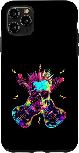 Vista 11 de iPhone 15 Streetwear Synthwave 80s 90s skull rock music bass guitar Case