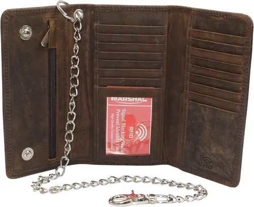 Vista 2 de CAZORO Cartera de cadena de motocicleta de Estados Unidos para hombre, 100% piel auténtica natural, bloqueo RFID triple largo, organizador de dinero