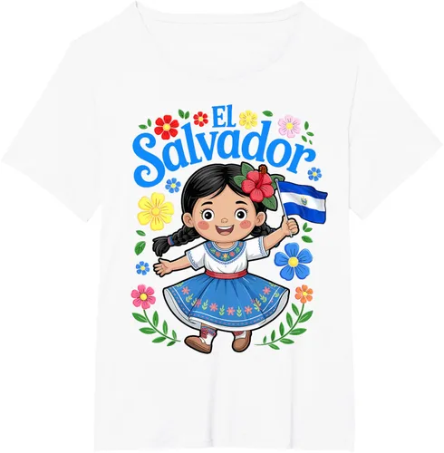 Vista 45 de Camiseta de estilo tradicional floral para niña con la bandera de El Salvador